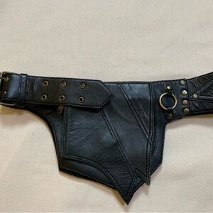Earth Cultured Black Leather Festival & Utility Belt Bag with Brass Accents